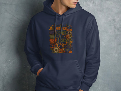 Navy hoodie with "Pumpkin Spice & Jesus Christ" text and autumn illustrations.
