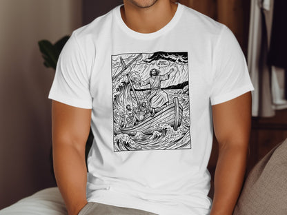 Jesus calming the storm with disciples in a boat, text reads "Quiet! Be Still!".