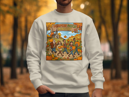 Crewneck sweatshirt with "Pumpkin Patch Ministry" and cartoon figures walking.