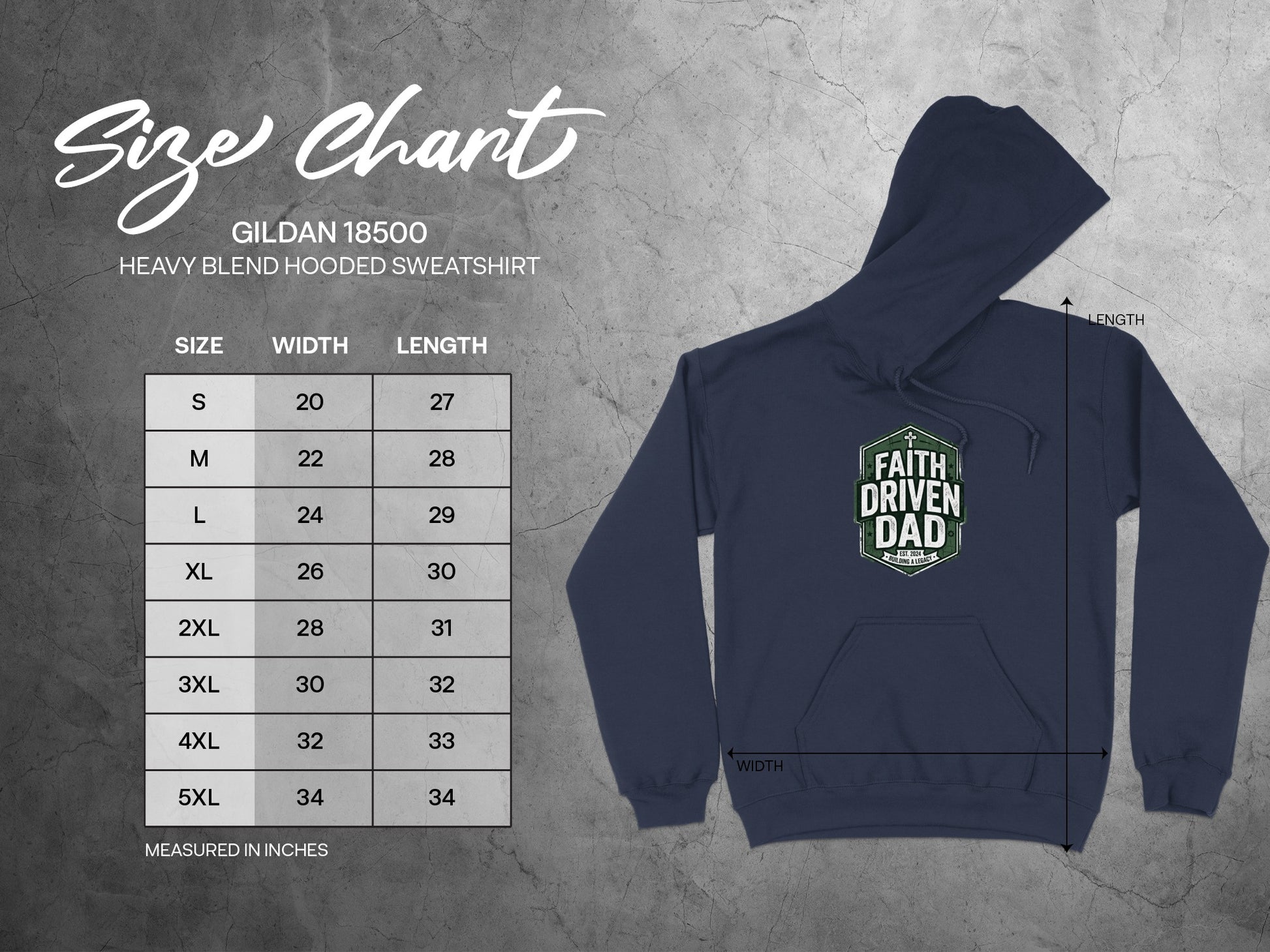 Size chart for Gildan 18500 hooded sweatshirt with measurements.
