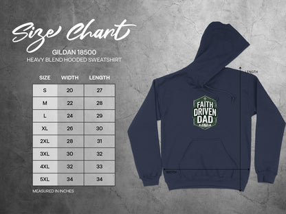 Size chart for Gildan 18500 hooded sweatshirt with measurements.