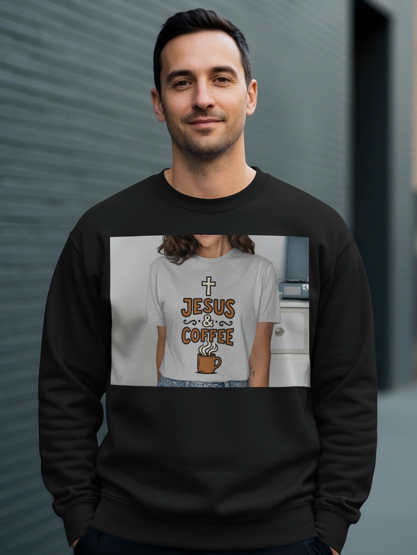 Man wearing black sweatshirt with graphic of "Jesus & Coffee" and a coffee mug.