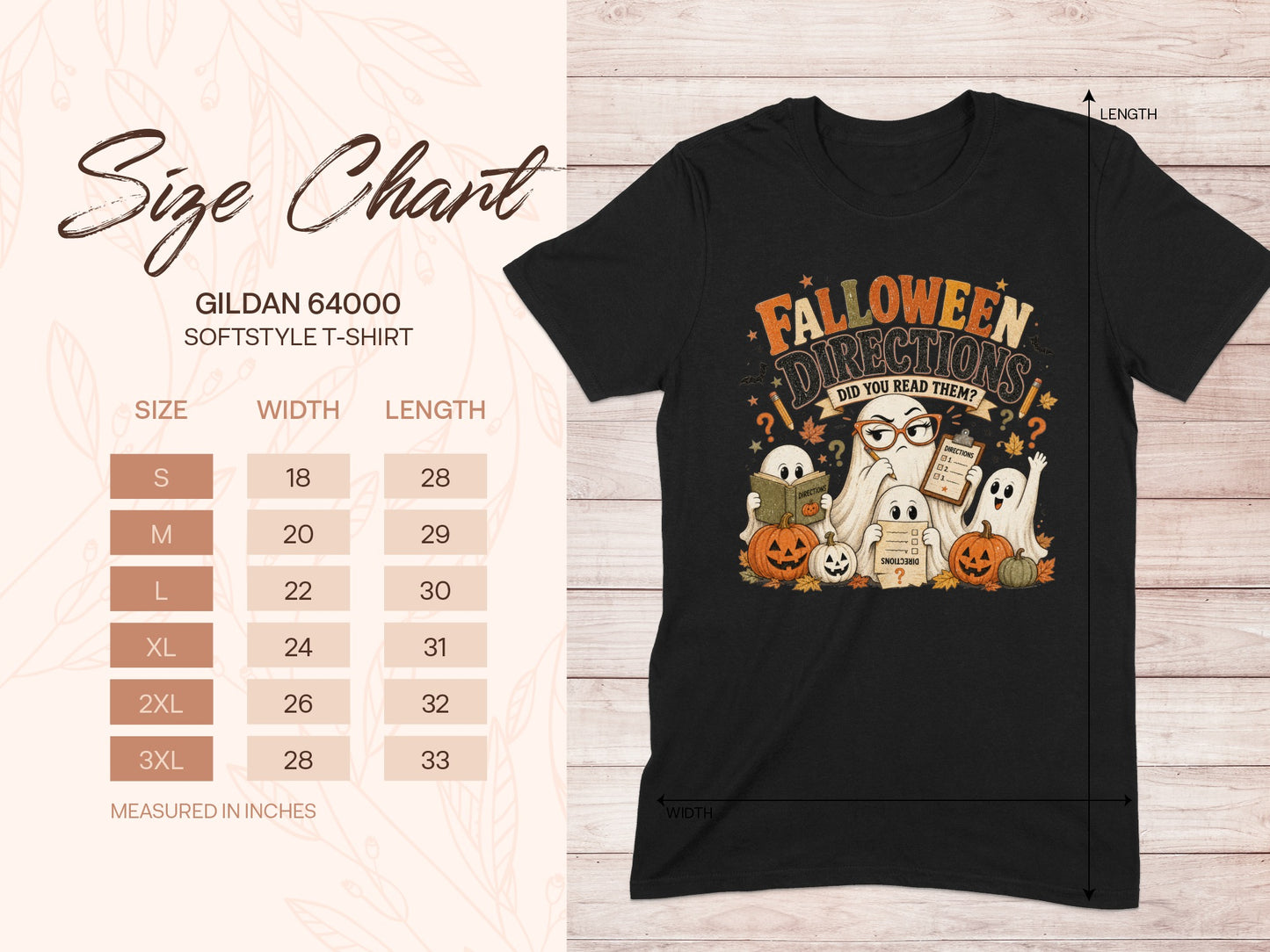 Black t-shirt with "Falloween Directions" graphic and Gildan 64000 size chart.