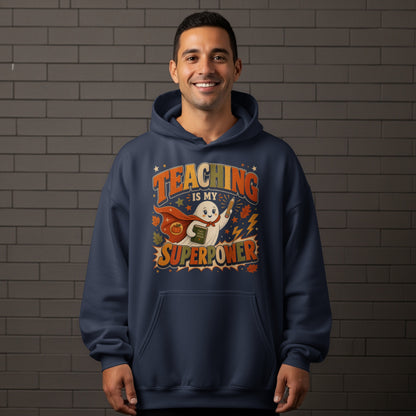 Navy hoodie with text "Teaching is my superpower" and a ghost wearing a cape.