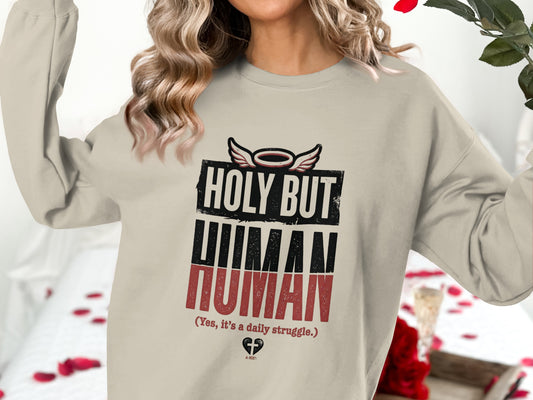 Sweatshirt with "HOLY BUT HUMAN (Yes, it's a daily struggle.) A-MEN" text.