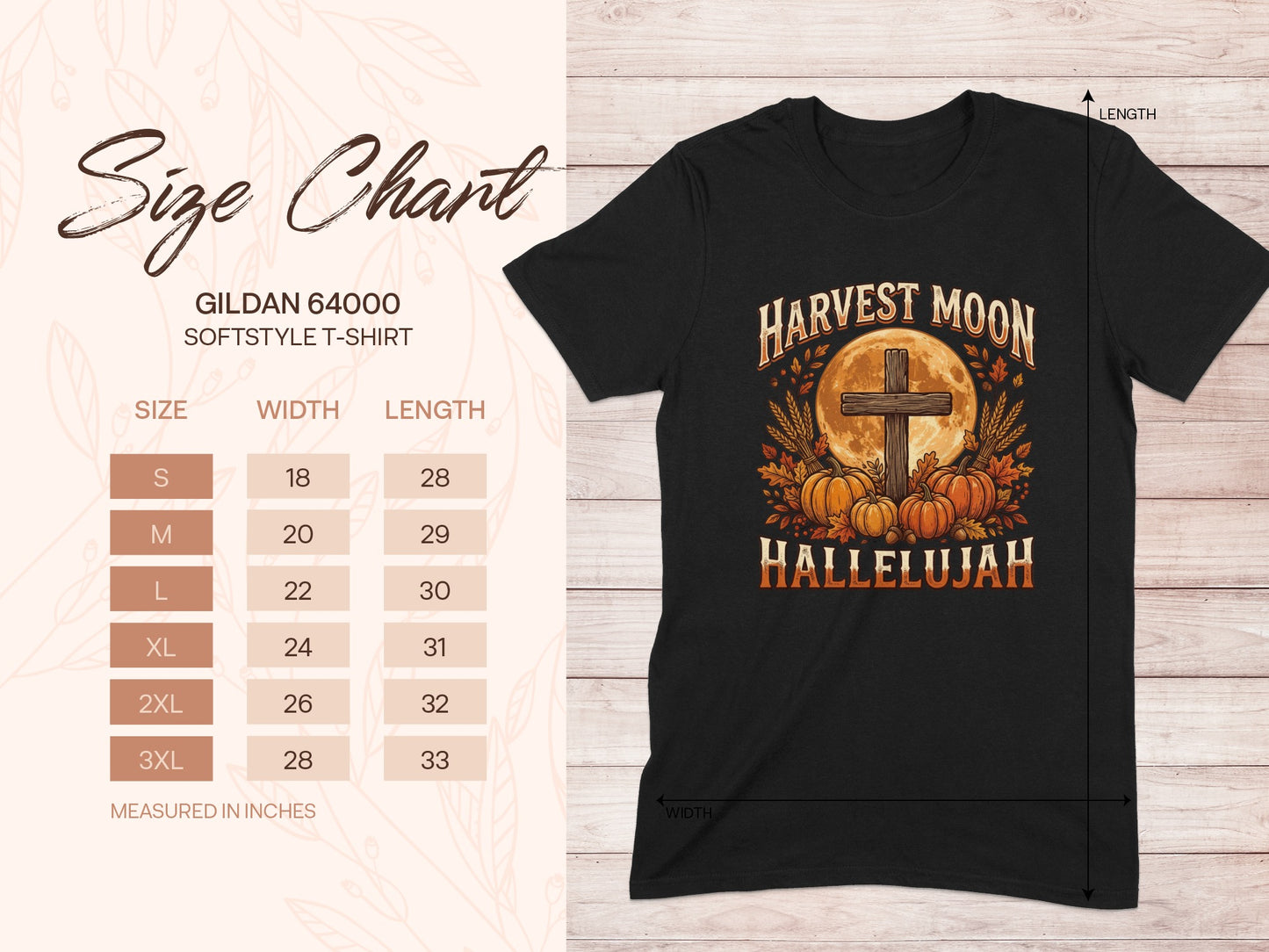 Gildan 64000 size chart for Harvest Moon Hallelujah t-shirt.