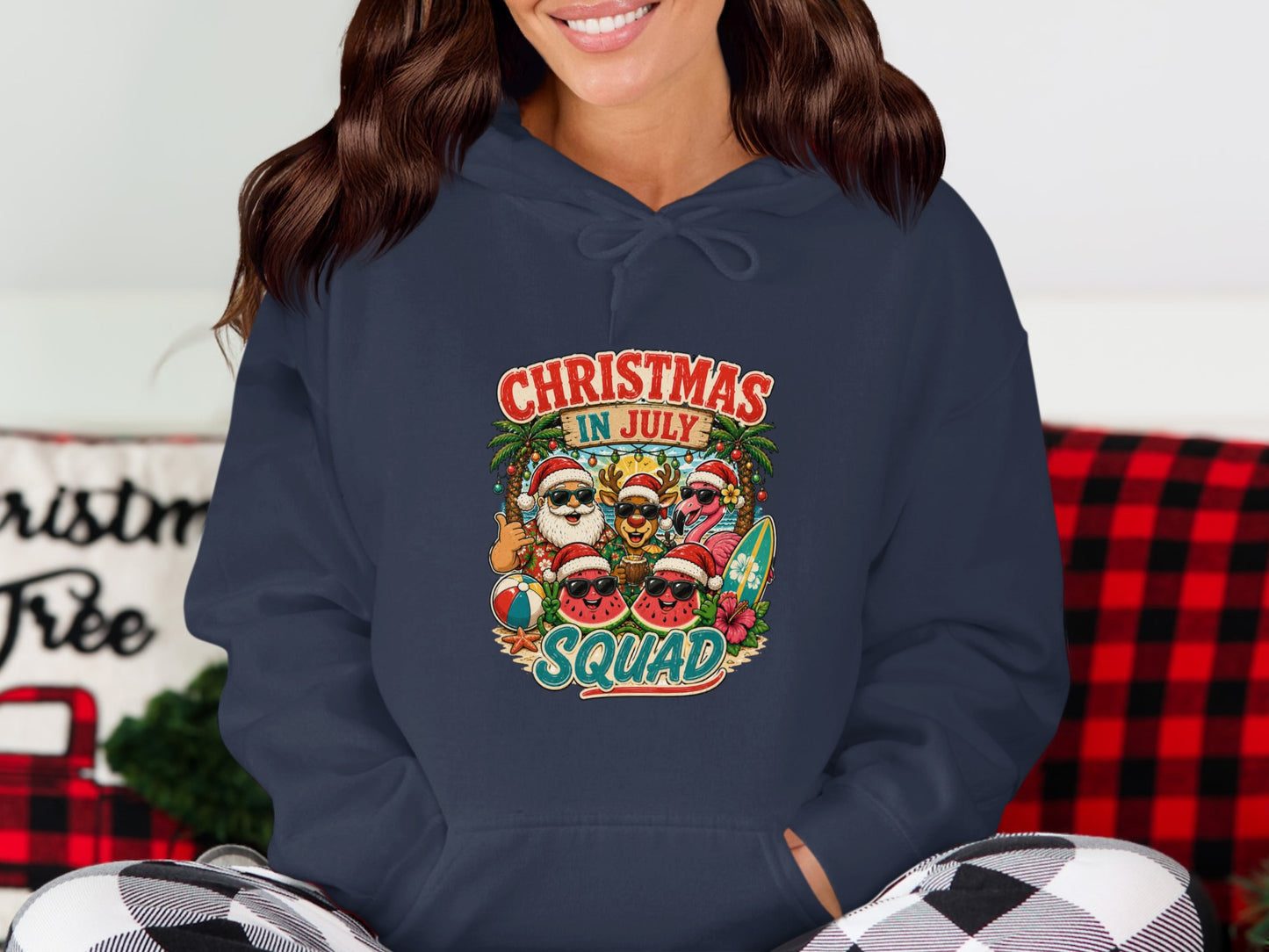 Christmas in July Squad graphic with Santa, surfers, and watermelons.