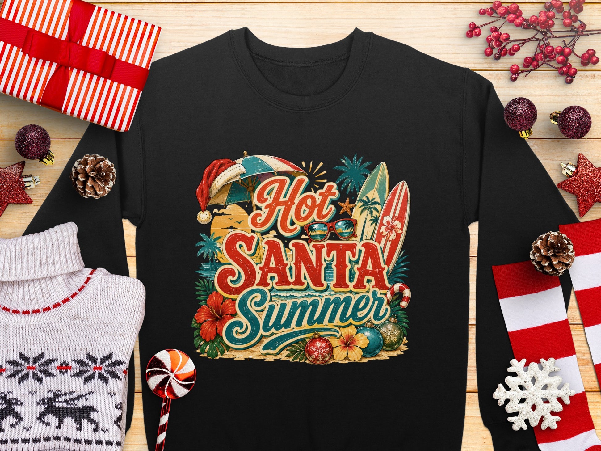 Black sweatshirt with "Hot Santa Summer" text and beach elements.