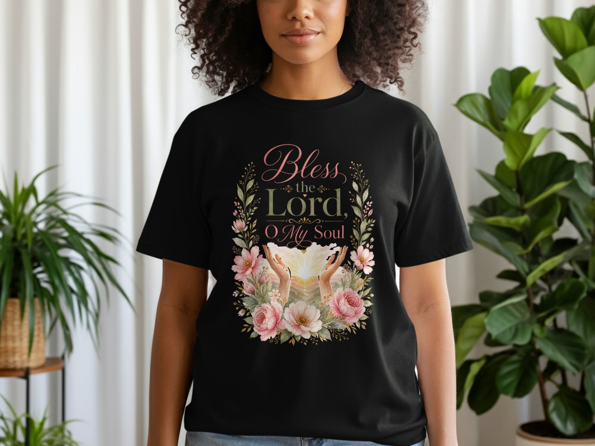 Black t-shirt with floral design and text "Bless the Lord O My Soul".