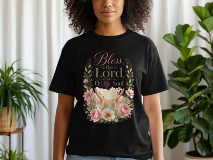 Black t-shirt with floral design and text "Bless the Lord O My Soul".