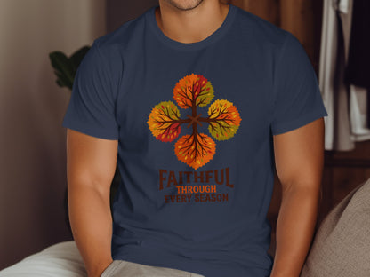 Navy t-shirt with a circular tree design and text "Faithful Through Every Season".