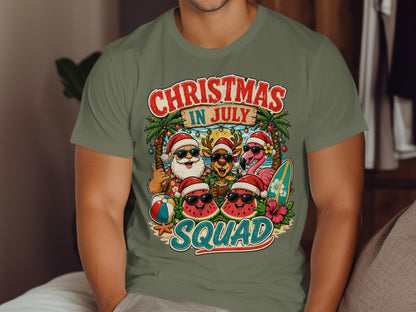 Christmas in July Squad graphic on a green t-shirt with Santa, reindeer, and watermelons.