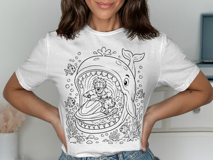 White t-shirt with a cartoon whale swallowing a man on a jet ski.