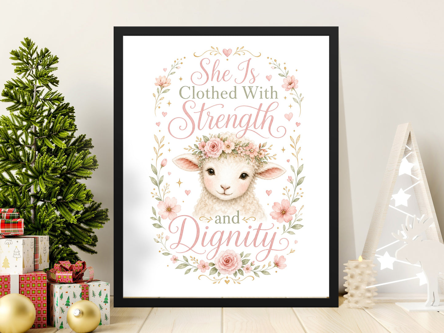 Framed art print with watercolor lamb, flowers, and text "She is Clothed With Strength and Dignity."