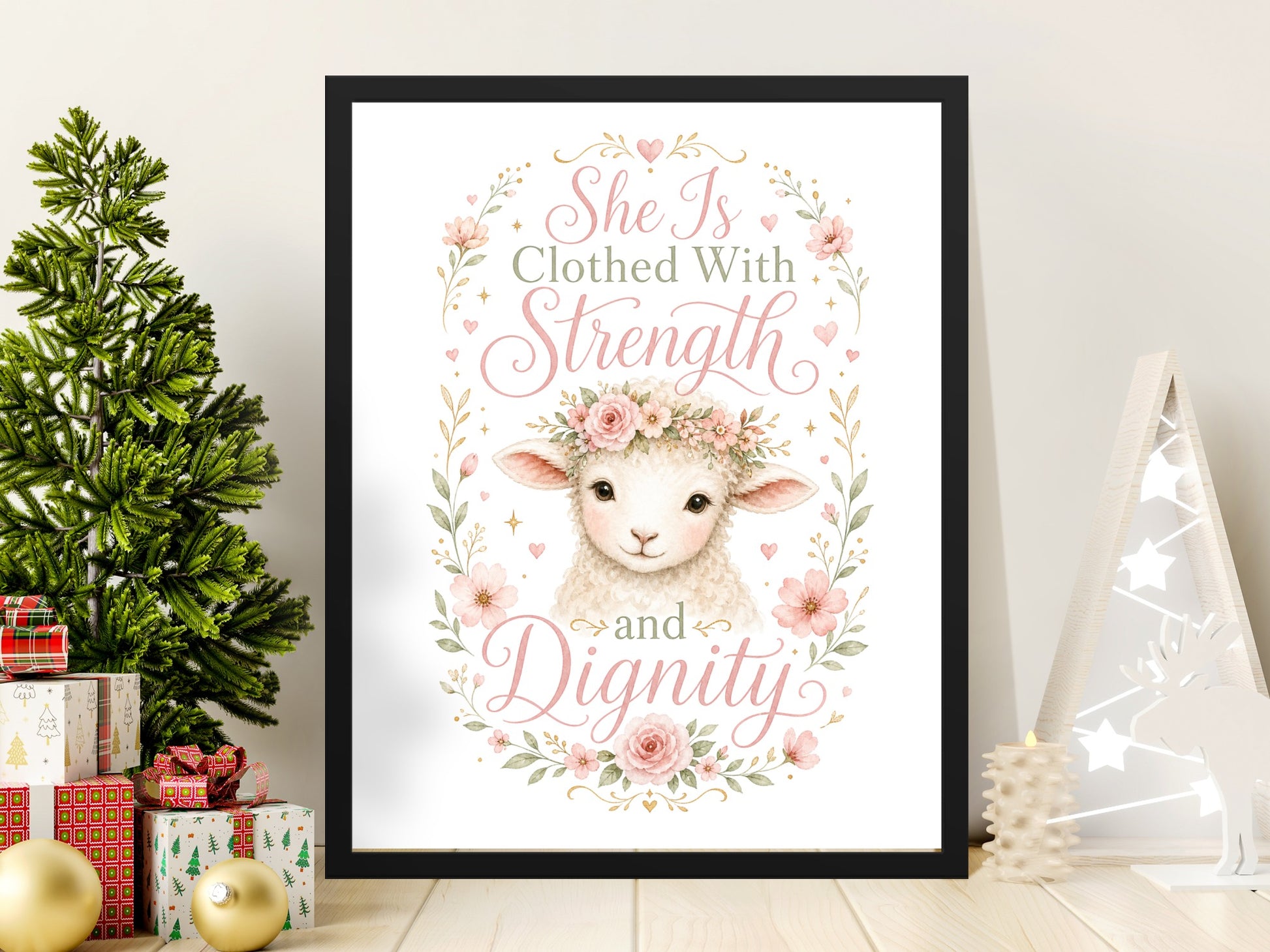 Framed art print with watercolor lamb, flowers, and text "She is Clothed With Strength and Dignity."