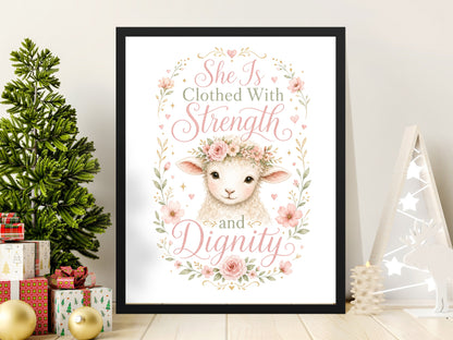 Framed art print with watercolor lamb, flowers, and text "She is Clothed With Strength and Dignity."