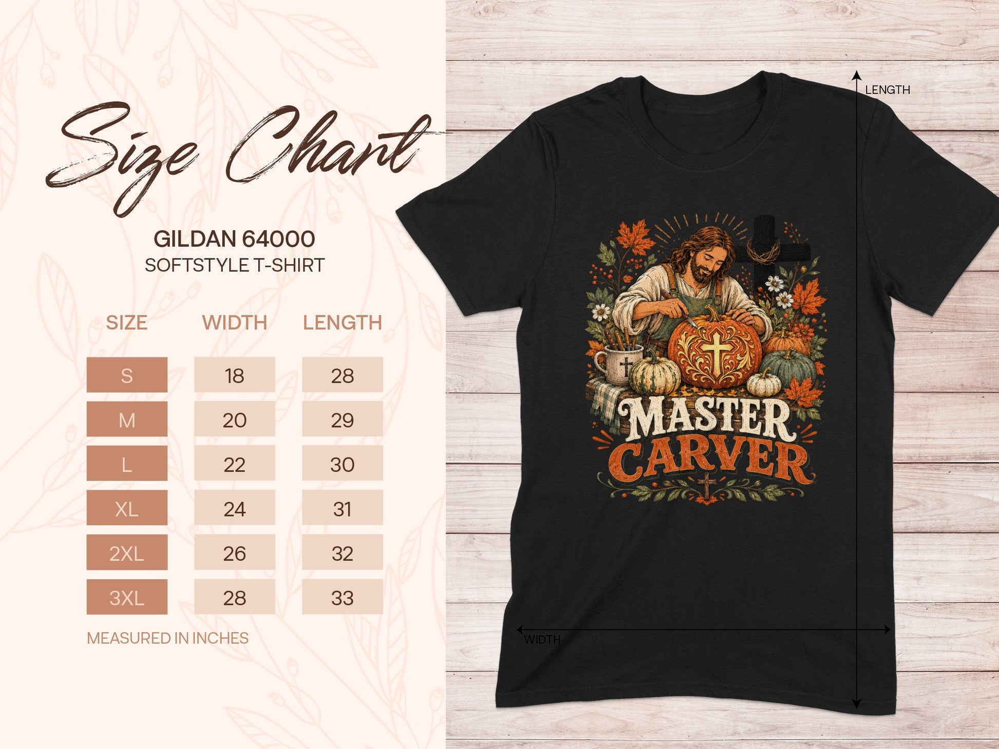 Gildan 64000 t-shirt size chart and graphic with "Master Carver" text.