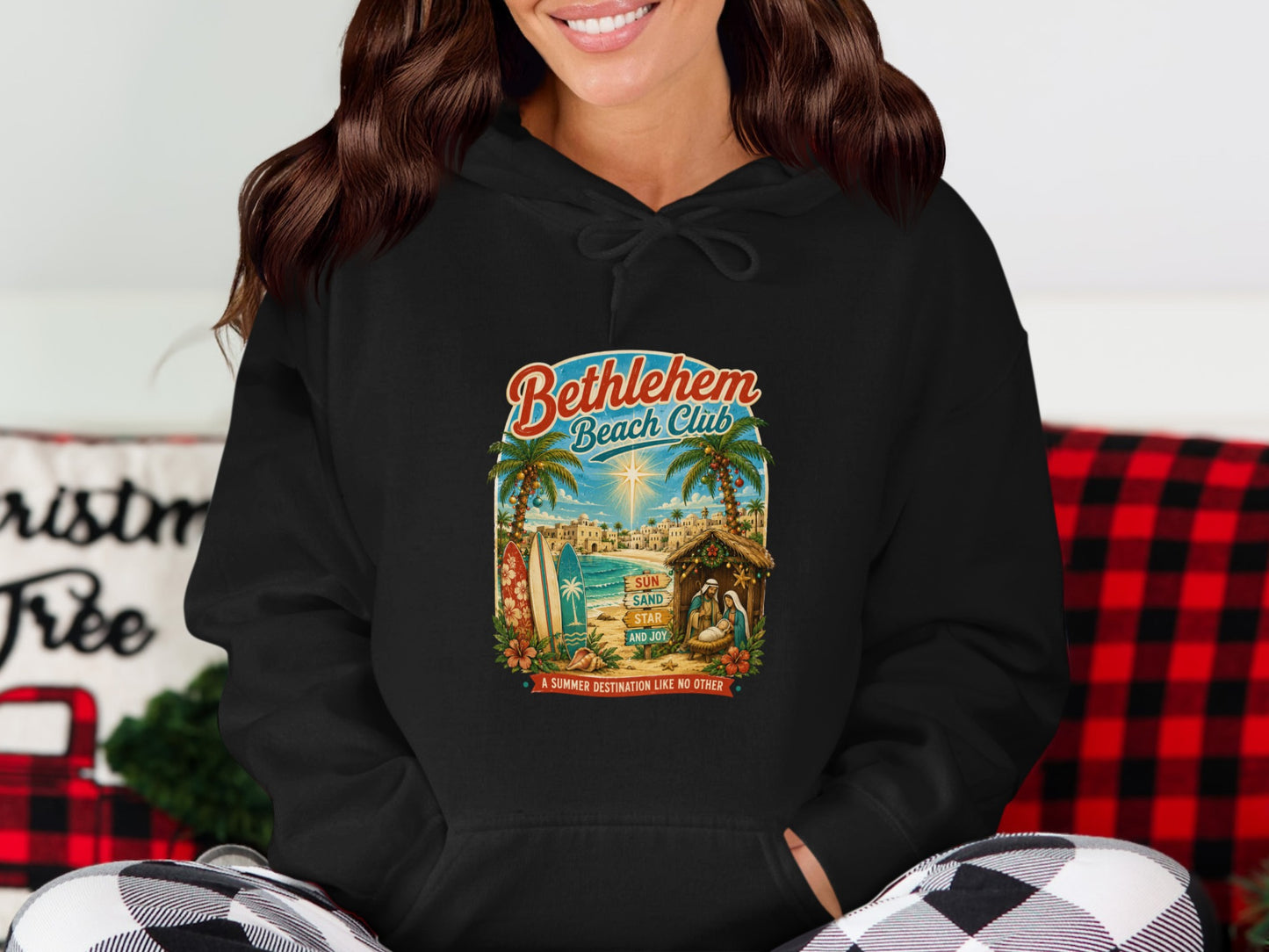 Bethlehem Beach Club logo with nativity scene, palm trees, and text.