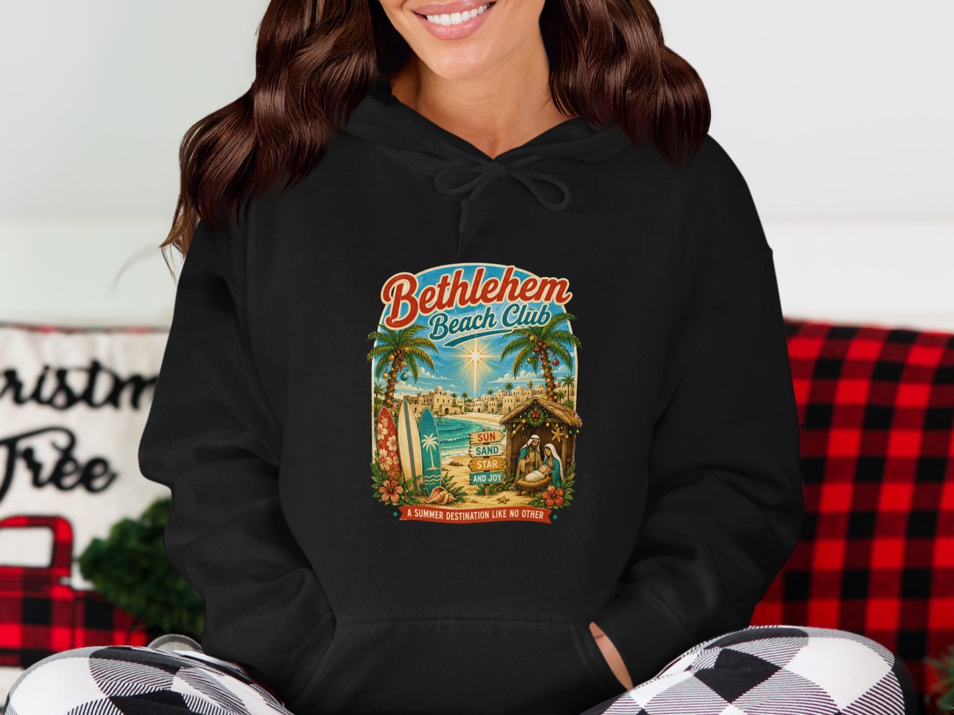 Bethlehem Beach Club logo with nativity scene, palm trees, and text.