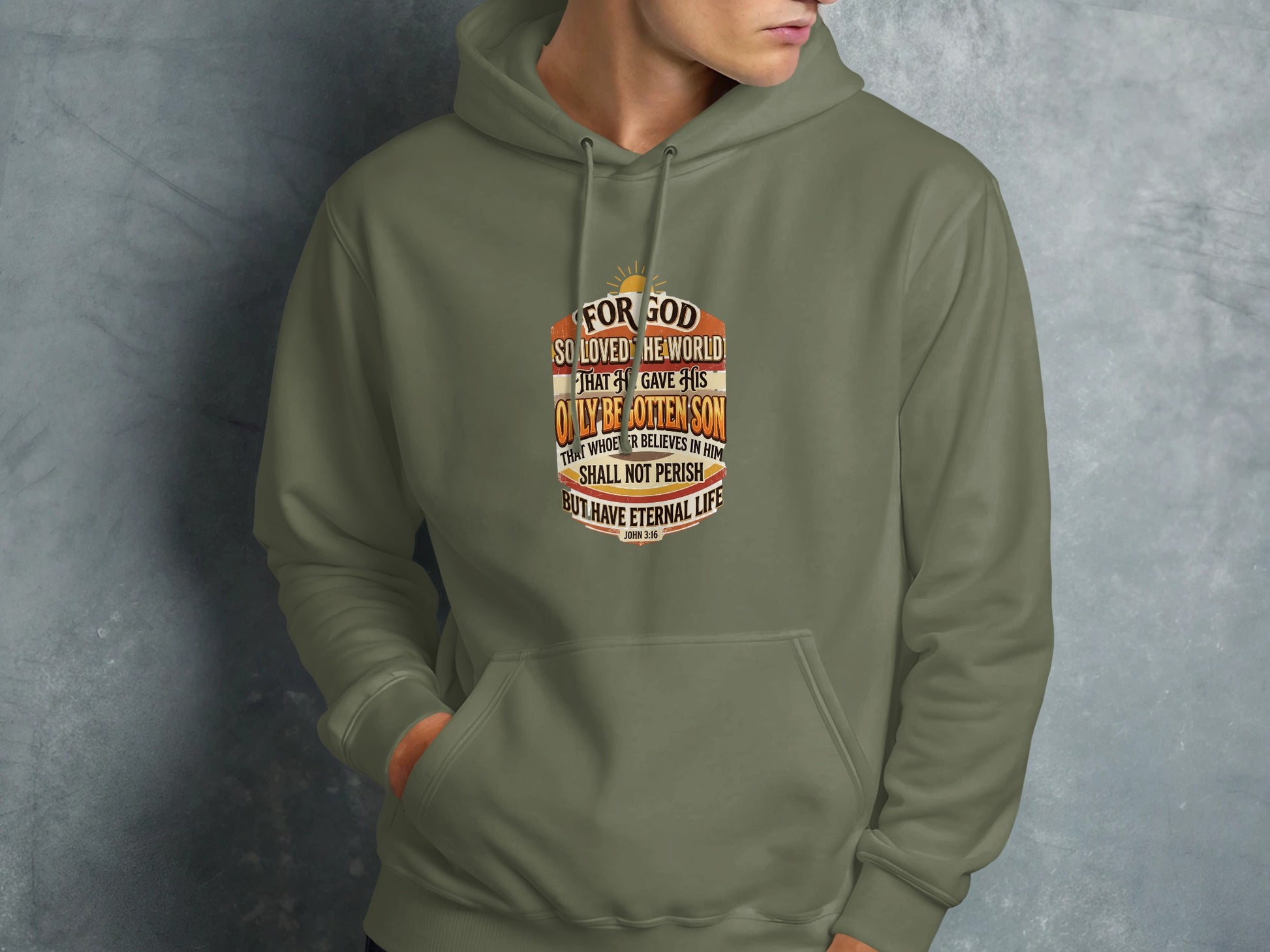 Green hooded sweatshirt with John 3:16 Bible verse printed on front.