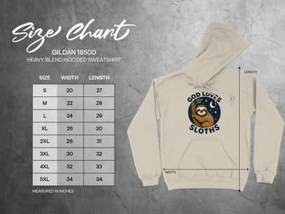 Gildan 18500 hooded sweatshirt size chart with measurements.