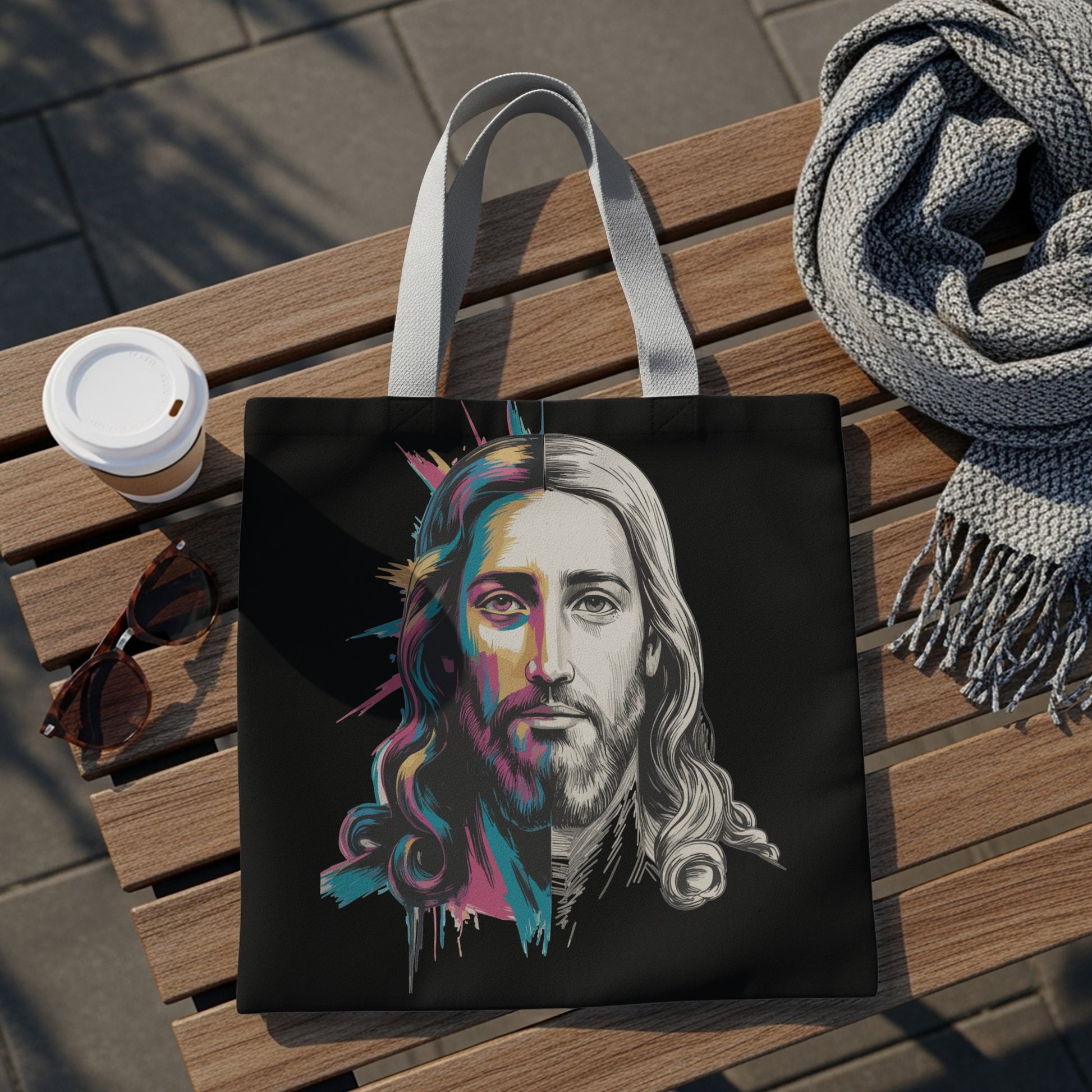 Black tote bag with a split portrait of Jesus in grayscale and vibrant colors.