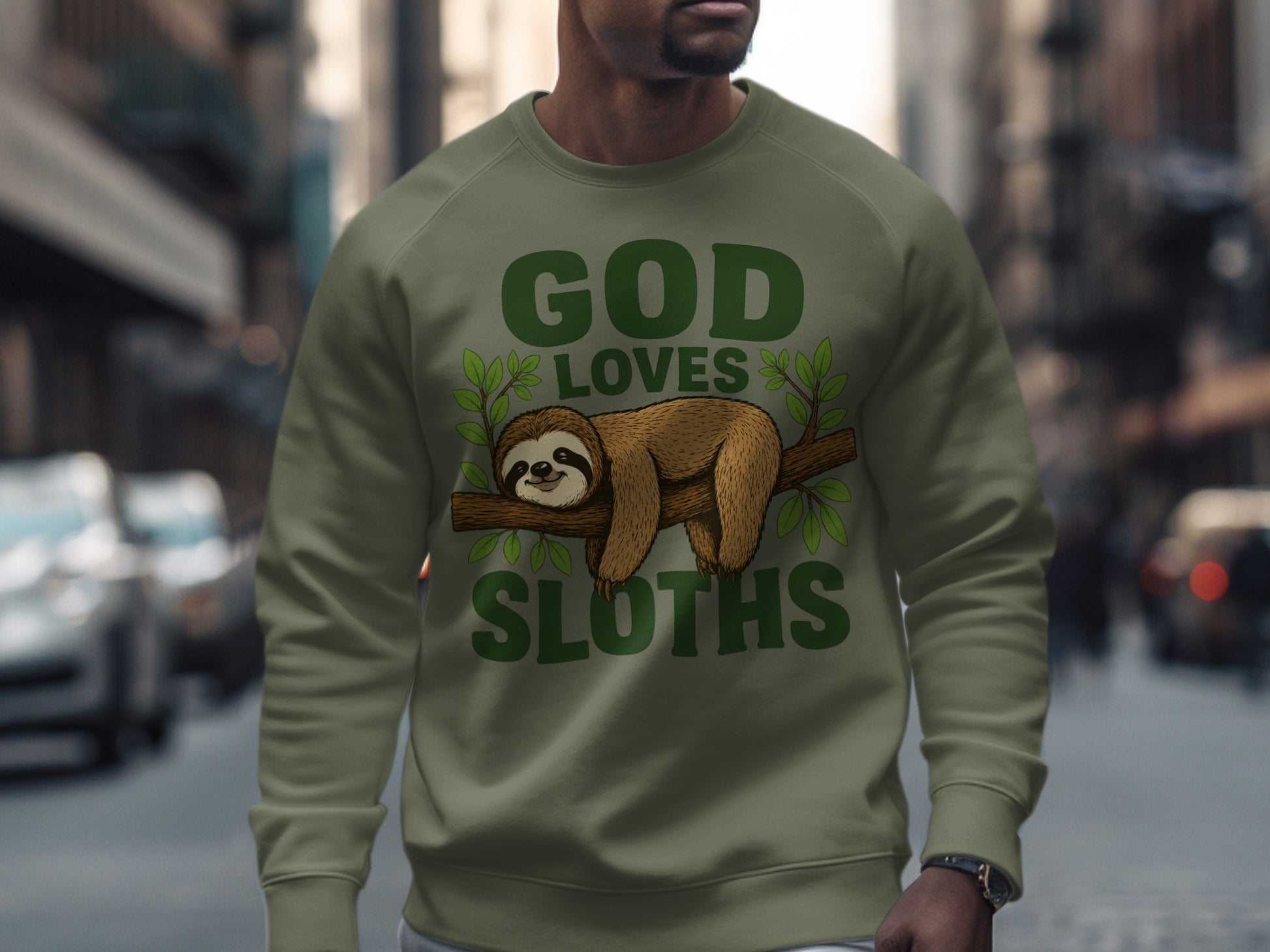 Green sweatshirt with "GOD LOVES SLOTHS" text and a sloth illustration.