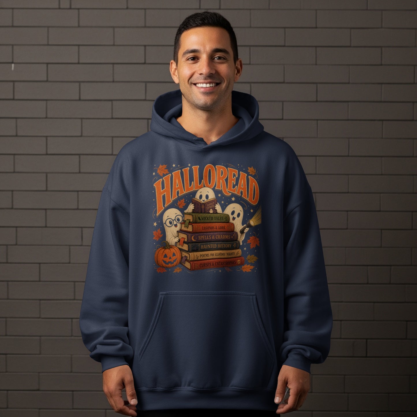 Navy hoodie with "Halloread" text, ghosts reading spooky books, and a pumpkin.