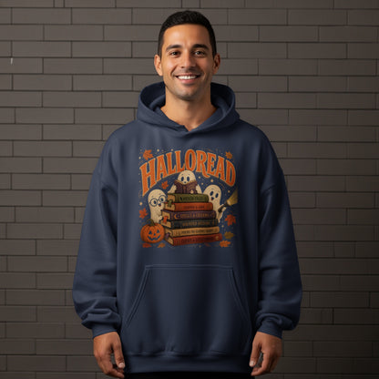 Navy hoodie with "Halloread" text, ghosts reading spooky books, and a pumpkin.