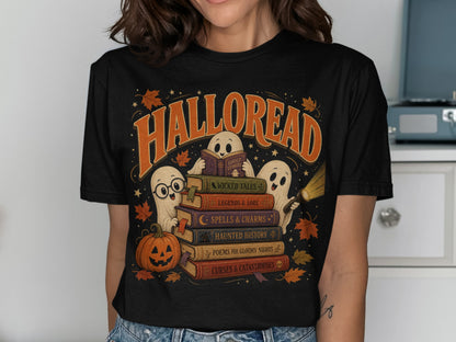 "Halloread" text with ghosts reading books and a jack-o'-lantern.