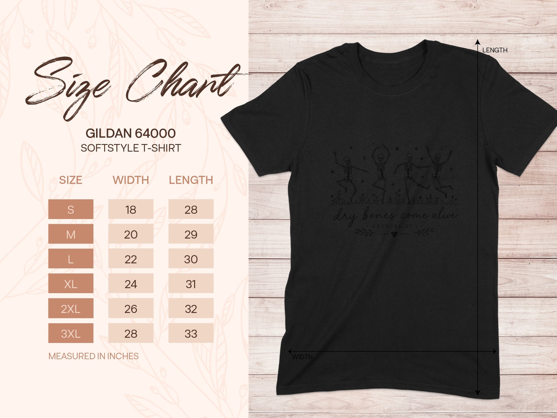 Gildan 64000 softstyle t-shirt size chart with measurements in inches.