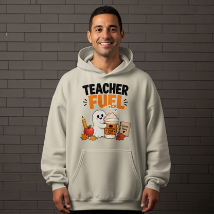 Light beige hoodie with "Teacher Fuel" text and cartoon ghost with coffee.