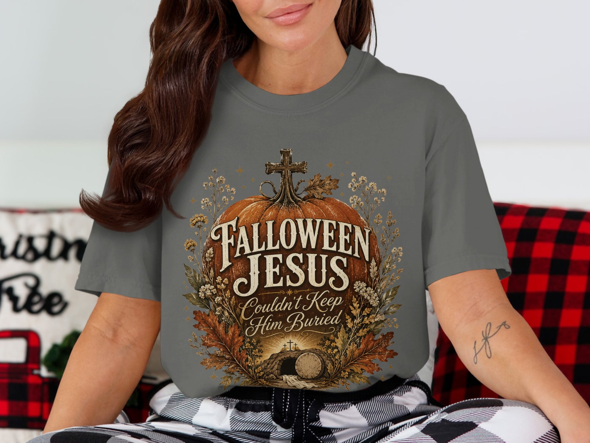 Gray t-shirt with "Falloween Jesus Couldn't Keep Him Buried" graphic.