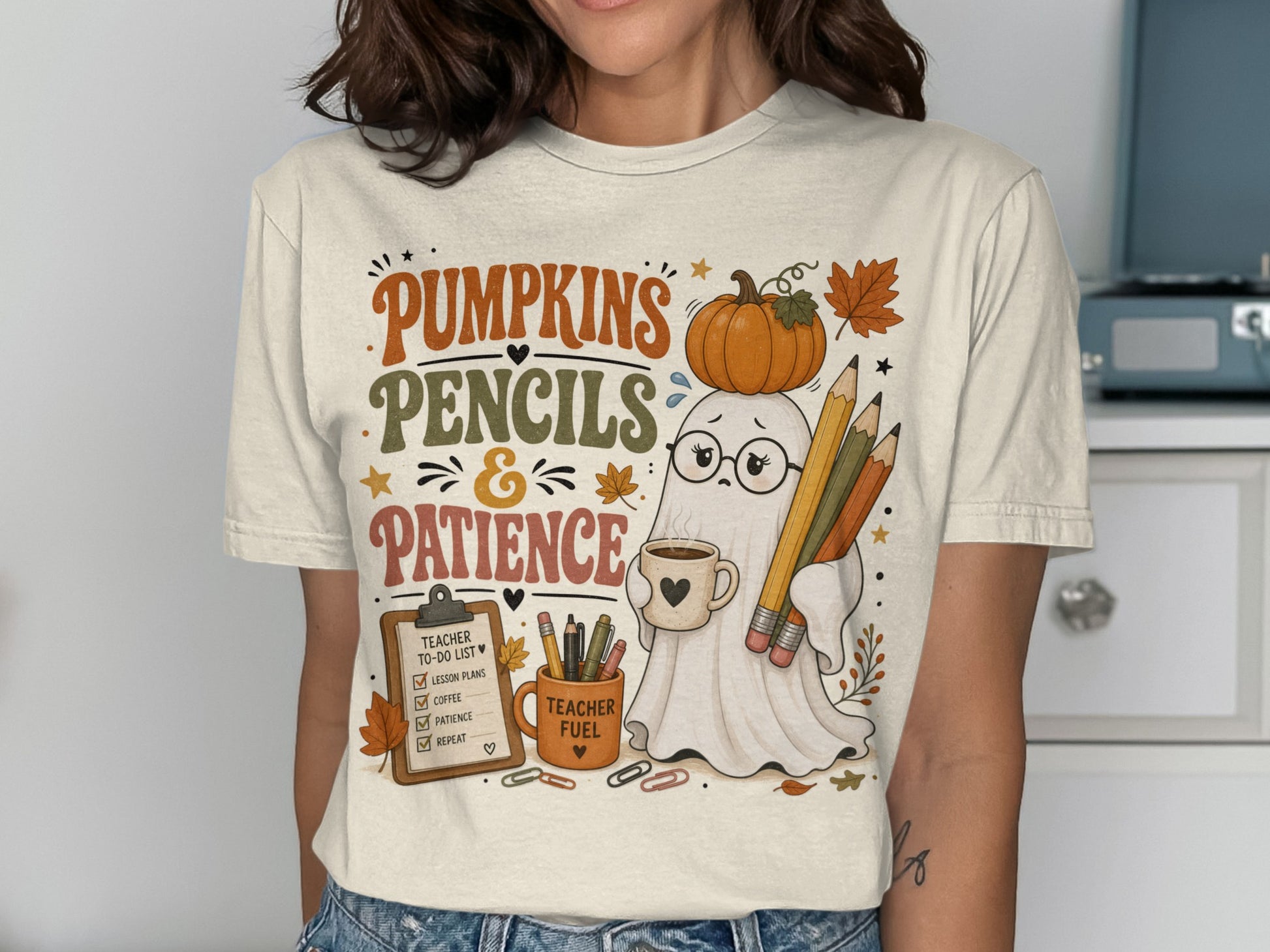 Ghost with glasses, pumpkin, and pencils text "Pumpkins Pencils & Patience Teacher Fuel"