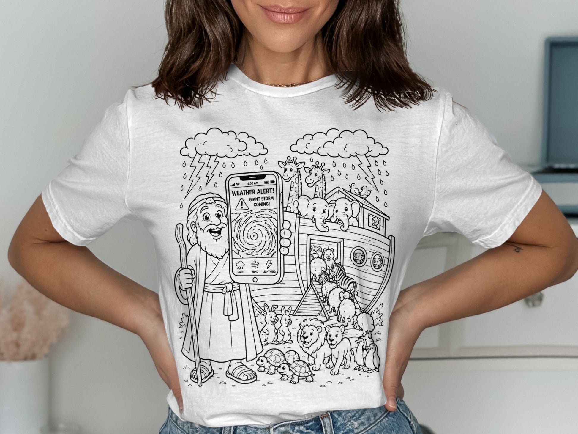 Noah's Ark with animals and a man holding a phone with a weather alert.