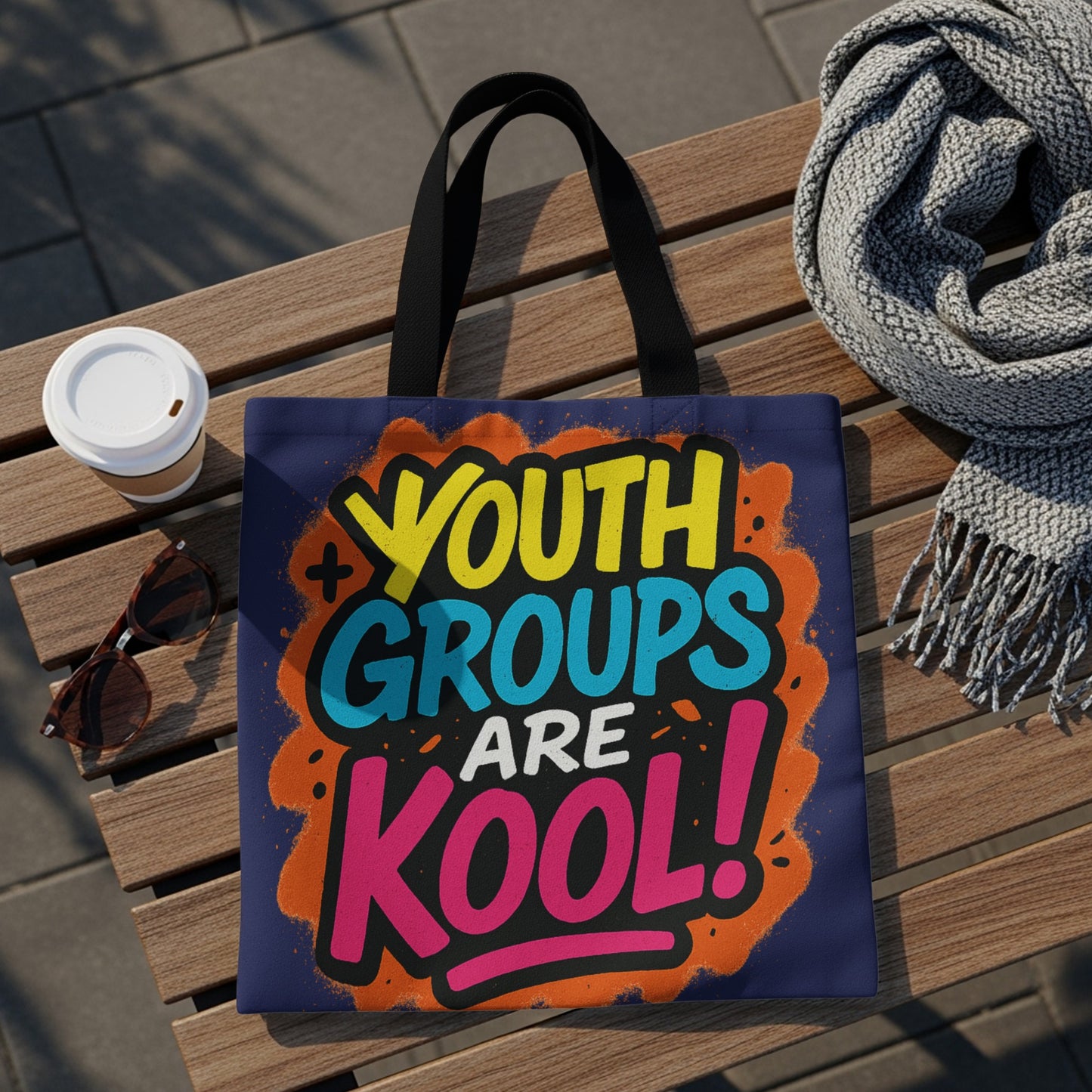 Dark blue tote bag with text "YOUTH GROUPS ARE KOOL!" in colorful graffiti style.