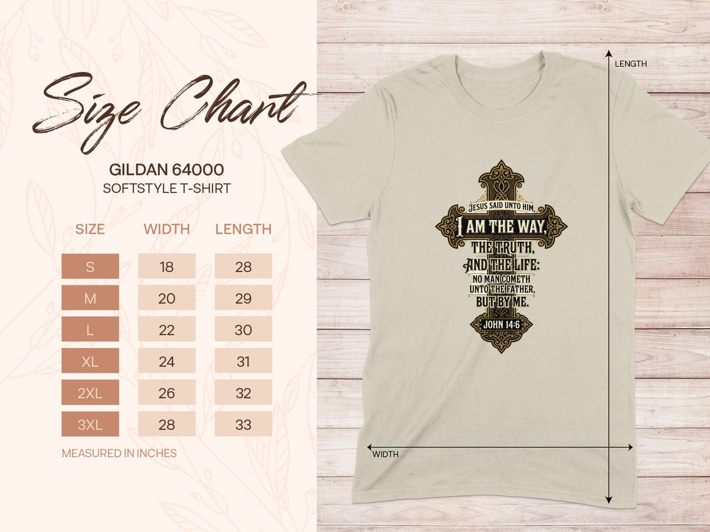 Gildan 64000 t-shirt size chart and t-shirt with John 14:6 verse.