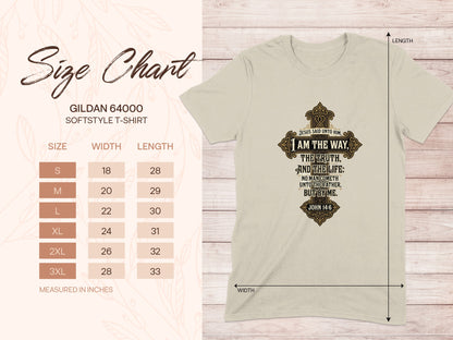 Gildan 64000 t-shirt size chart and t-shirt with John 14:6 verse.