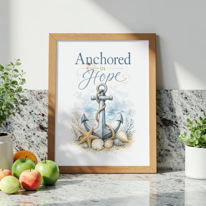 Framed art print with an anchor, seashells, and the text "Anchored in Hope".