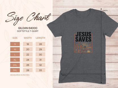 Gildan 64000 Softstyle t-shirt size chart with Jesus Saves graphic.