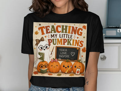 T-shirt with ghost and pumpkins design, text "Teaching My Little Pumpkins", and blackboard.