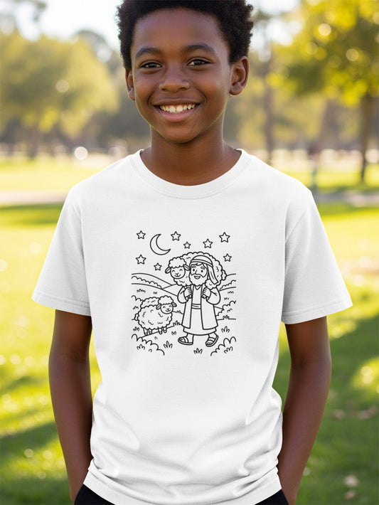 Boy wearing a white t-shirt with a drawing of Jesus holding a sheep.