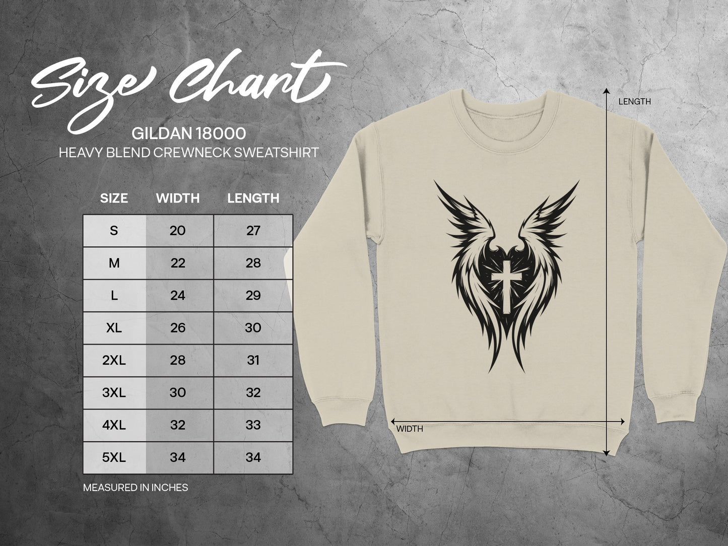 Gildan 18000 sweatshirt size chart with measurements for width and length.