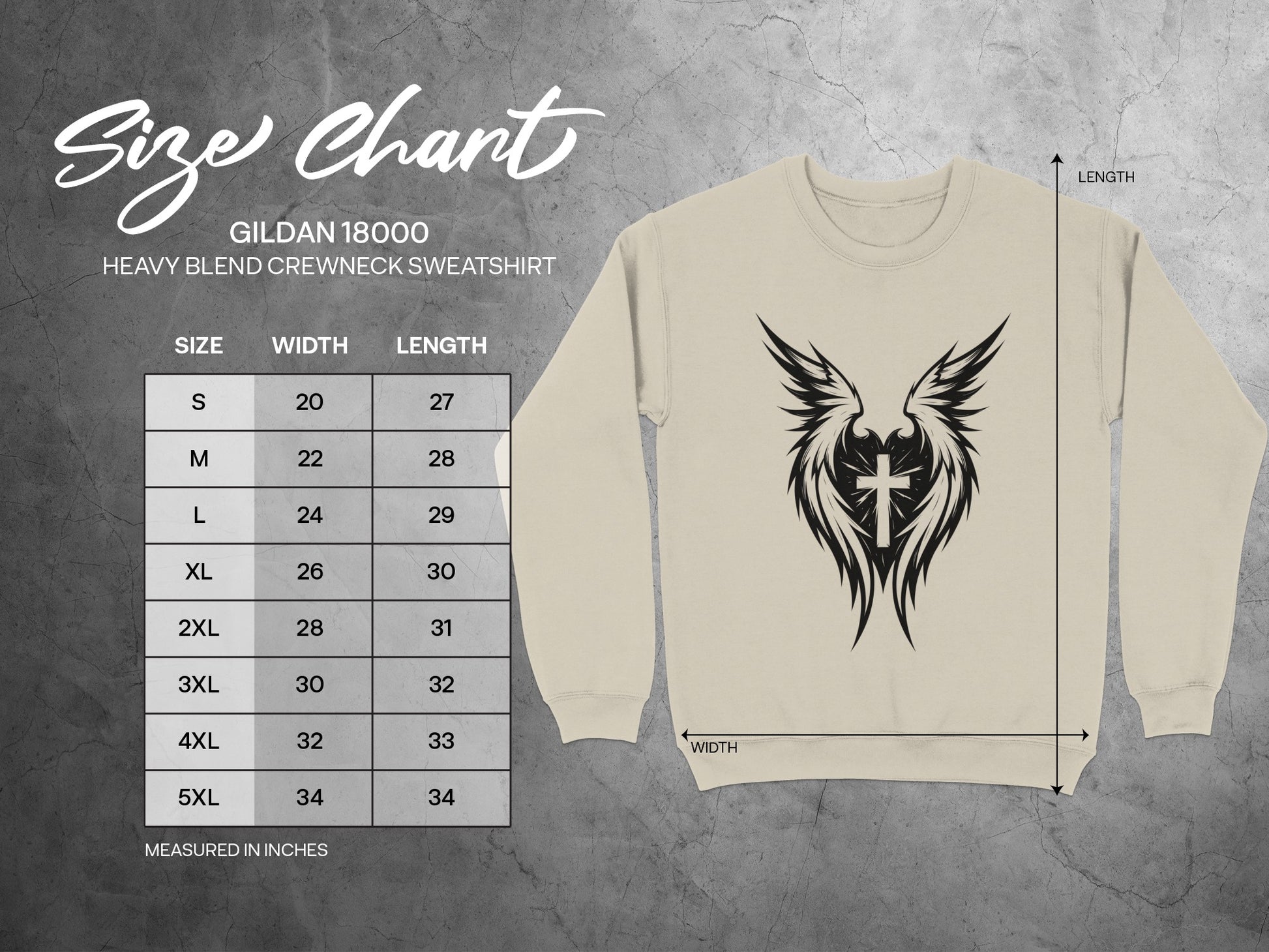Gildan 18000 sweatshirt size chart with measurements for width and length.