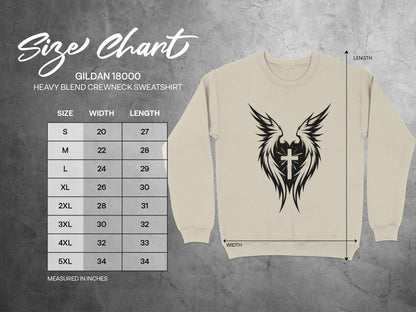 Gildan 18000 sweatshirt size chart with measurements for width and length.