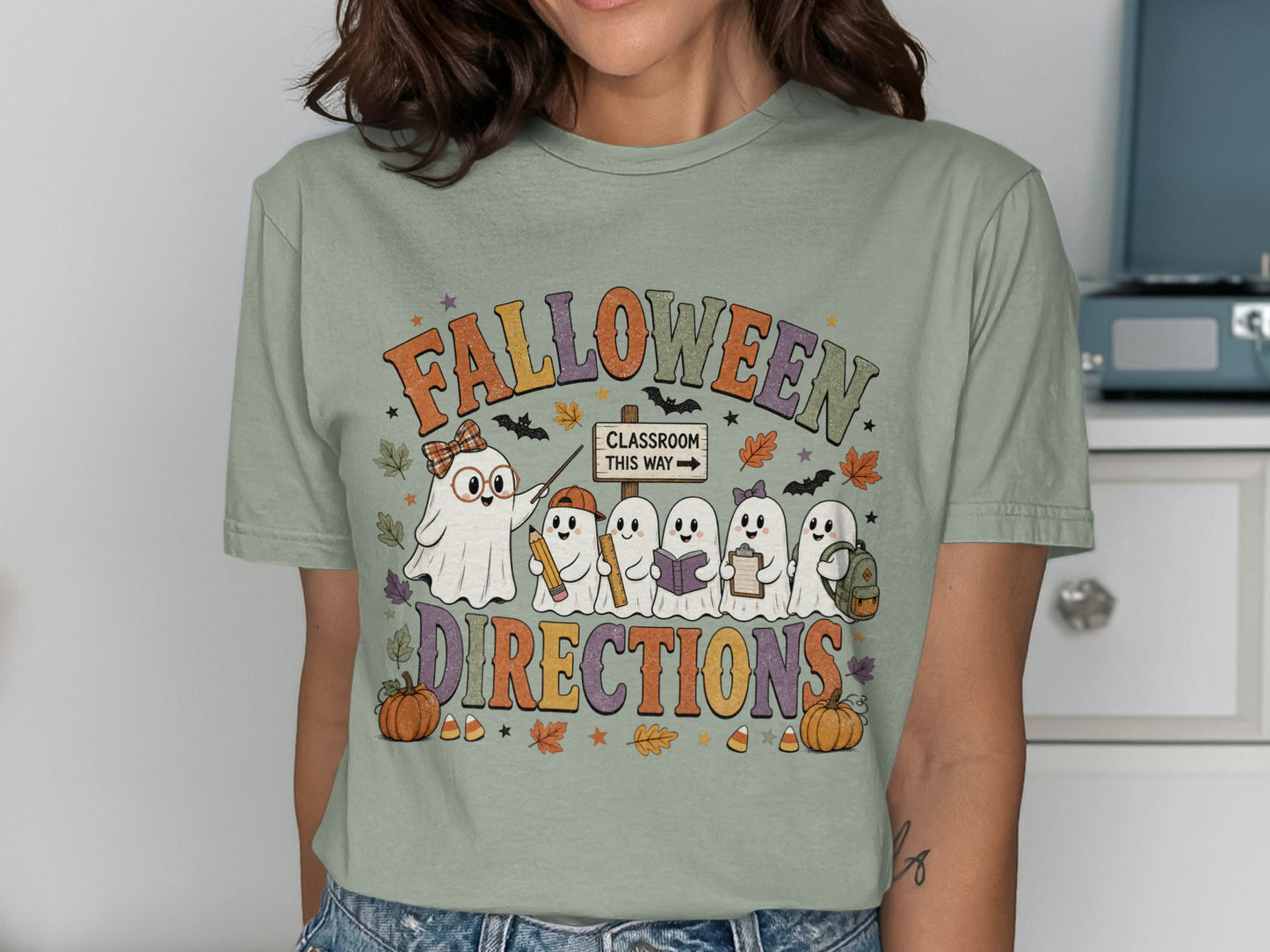 "Falloween Directions" graphic with cartoon ghosts and Halloween-themed decorations.