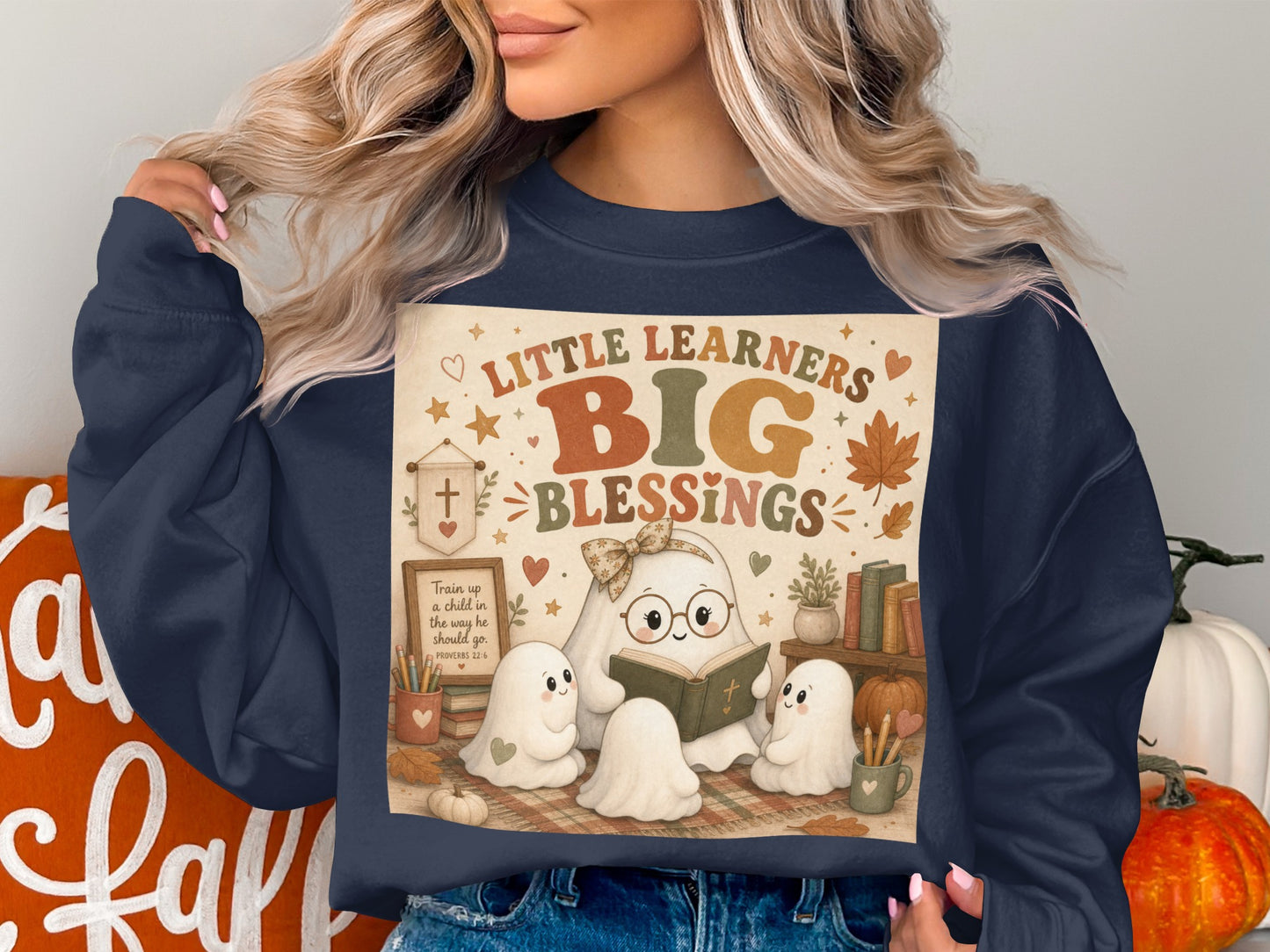 Little Learners Big Blessings graphic with ghosts reading a book and Proverbs 22:6 text.