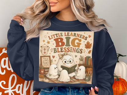 Little Learners Big Blessings graphic with ghosts reading a book and Proverbs 22:6 text.