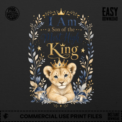 Lion cub wearing crown with text "I am a Son of the Most High King".