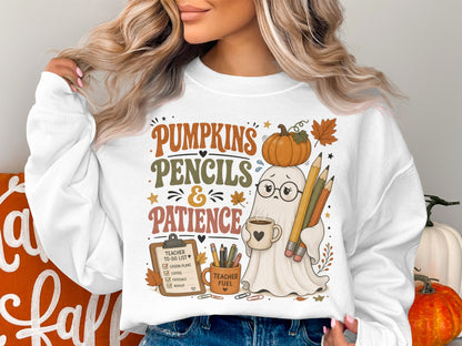 Ghost with glasses holding pencils and coffee, "Pumpkins, Pencils & Patience" text.
